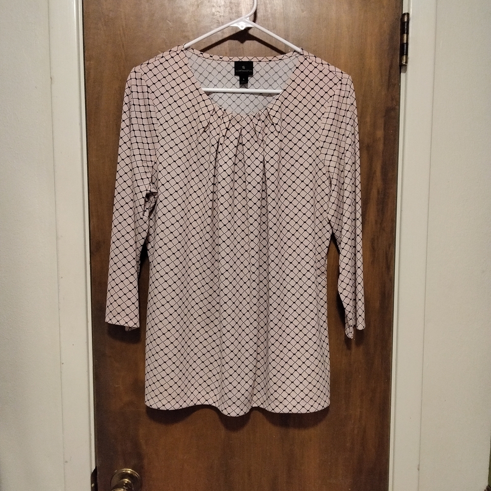 Worthington Pink & Black Diamond Patterned Blouse Size Large EUC